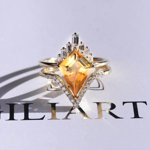 14K Gold 4 Carat Kite Citrine Halo Engagement Ring, Eternity Ring Set