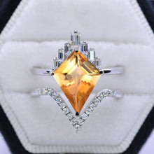 Load image into Gallery viewer, 14K Gold 4 Carat Kite Citrine Halo Engagement Ring, Eternity Ring Set
