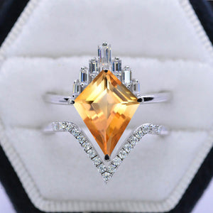 14K Gold 4 Carat Kite Citrine Halo Engagement Ring, Eternity Ring Set