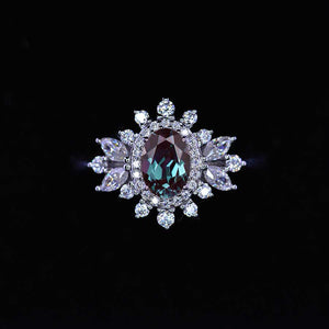 14K White Gold Oval Alexandrite Snowflake Halo Engagement Ring