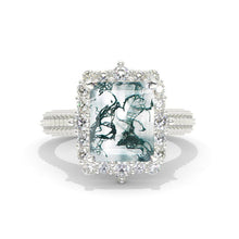 Load image into Gallery viewer, 3Ct Genuine Moss Agate Engagement Ring Halo Emerald Step Cut Moss Agate Engagement Ring
