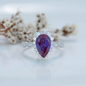 14K White Gold 3 Carat Pear Alexandrite  Halo Engagement Ring