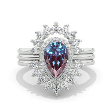 14K White Gold 1.5 Carat Pear Alexandrite Halo Engagement Ring Eternity Ring Set