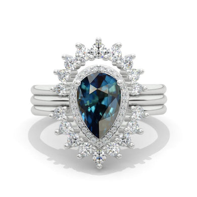 2 Carat Pear Halo Teal Sapphire Engagement 14K White Gold  Ring Eternity Ring Set