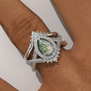 14K White Gold 1 Carat Pear Genuine Moss Agate Halo Twisted Engagement Ring Eternity Ring Set