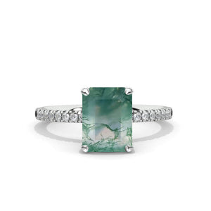2.5 Carat Cushion Cut Vintage style Halo Genuine Moss Agate White Gold Engagement Ring