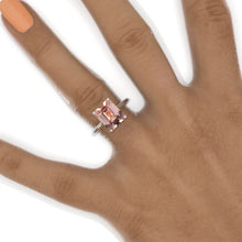 Load image into Gallery viewer, 10x8mm Emerald Cut Halo Genuine Peach Morganite White Gold Engagement Ring
