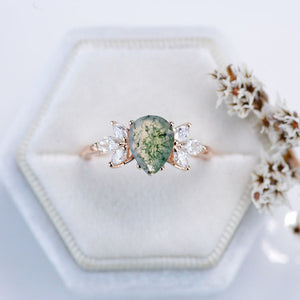 2 Carat Pear Genuine Moss Agate Engagement Ring. Vintage Unique Marquise Cut Cluster Engagement Ring