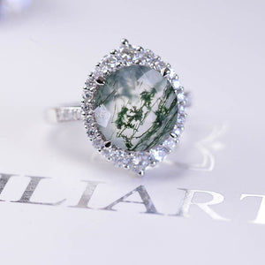 5 Carat Round Genuine Moss Agate Halo Gold Engagement Ring