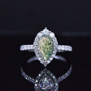 14K Solid White Gold 3 Carat Genuine Moss Agate Pear Cut Halo  Moissanite Ring