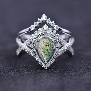 14K White Gold 1.5 Carat Pear Genuine Moss Agate Halo Twisted Engagement Ring Eternity Ring Set