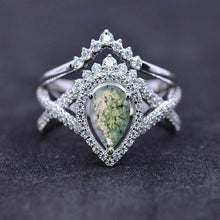 Load image into Gallery viewer, 14K White Gold 1.5 Carat Pear Genuine Moss Agate Halo Twisted Engagement Ring Eternity Ring Set
