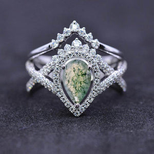 14K White Gold 1.5 Carat Pear Genuine Moss Agate Halo Twisted Engagement Ring Eternity Ring Set