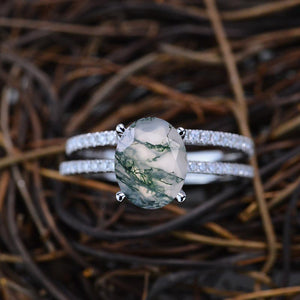 3 Carat Oval Genuine Moss Agate Hidden Halo Engagement Ring Set