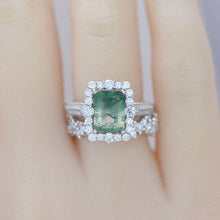 Load image into Gallery viewer, 2Ct Genuine Moss Agate Ring Halo Emerald Cut Moss Agate Ring, 8x6mm Step Cut Moss Agate Ring with Eternity Band
