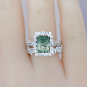 2Ct Genuine Moss Agate Ring Halo Emerald Cut Moss Agate Ring, 8x6mm Step Cut Moss Agate Ring with Eternity Band