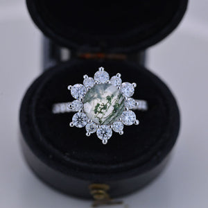 2 Carat Round Genuine Moss agate  Halo Engagement Ring. Victorian 14K White Gold Ring