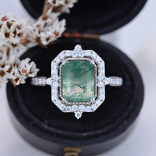 Load image into Gallery viewer, 3Ct Emerald cut Halo Genuine Moss Agate ring, Genuine Moss Agate solitaire ring
