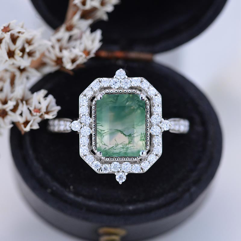 3Ct Emerald cut Halo Genuine Moss Agate ring, Genuine Moss Agate solitaire ring
