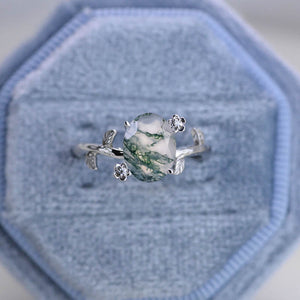 White Gold Dainty Genuine Moonstone Leaf Ring, 2ct Oval Genuine moss agate Twig Ring