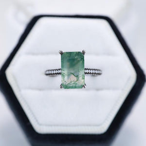 4ct Emerald Cut Genuine Moss Agate Black Gold Engagement Ring