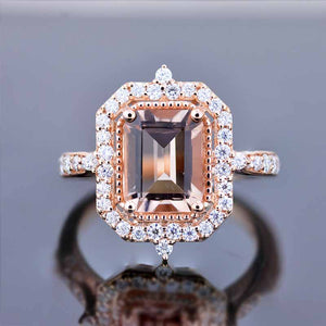 3Ct Emerald Cut Halo Morganite Ring, Morganite ring, Vintage Natural Morganite Ring, Genuine Morganite Emerald Cut Ring