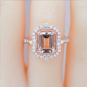 3Ct Emerald Cut Halo Morganite Ring, Morganite ring, Vintage Natural Morganite Ring, Genuine Morganite Emerald Cut Ring