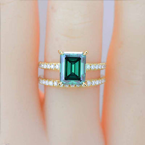 3Ct Green Moissanite Engagement Ring, Emerald Step Cut Green Moissanite Engagement Ring Set