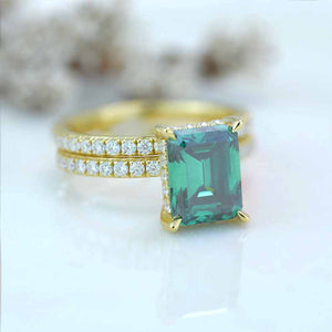 3Ct Green Moissanite Engagement Ring, Emerald Step Cut Green Moissanite Engagement Ring Set