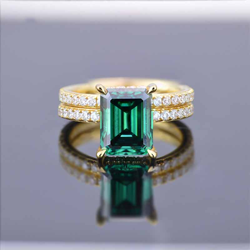 3Ct Green Moissanite Engagement Ring, Emerald Step Cut Green Moissanite Engagement Ring Set