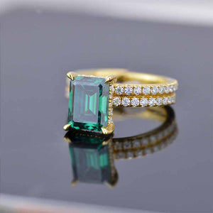 3Ct Green Moissanite Engagement Ring, Emerald Step Cut Green Moissanite Engagement Ring Set