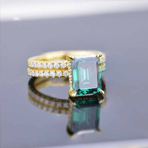 3Ct Green Moissanite Engagement Ring, Emerald Step Cut Green Moissanite Engagement Ring Set