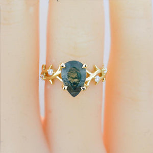 3 Carat Genuine Pear Cut Moss Agate Twig Floral White Gold Engagement  Ring