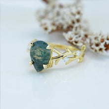 Load image into Gallery viewer, 3 Carat Genuine Pear Cut Moss Agate Twig Floral White Gold Engagement  Ring
