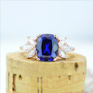 2Ct Cushion Cut Sapphire Vintage Engagement Ring, Cushion Sapphire Engagement Ring, Marquise Side Accents Stones 14K Rose Gold Ring
