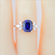 Load image into Gallery viewer, 2Ct Cushion Cut Sapphire Vintage Engagement Ring, Cushion Sapphire Engagement Ring, Marquise Side Accents Stones 14K Rose Gold Ring
