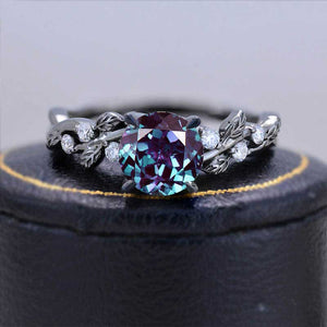 Round Brilliant Cut Alexandrite Floral Black Gold Engagement Ring