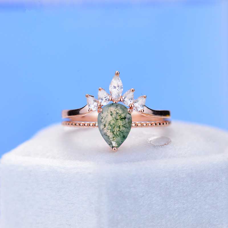 Pear Cut Genuine Moss Agate Ring- Two Ring Set