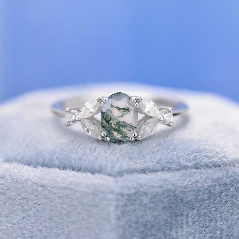 14K White Gold 1.5 Carat Oval Genuine Moss Agate  Halo Vintage Engagement Ring