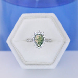 14K White Gold 3 Carat Pear Genuine Moss Agate Halo Engagement Ring