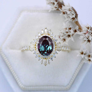 2 Carat Alexandrite Oval Cut Halo Gold Engagement Ring