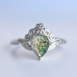 Genuine Moss Agate Pear Shape Floral Gold Ring