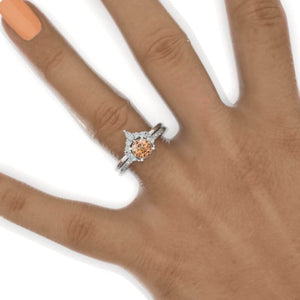 Genuine Peach Morganite Halo Gold Engagement Ring Set