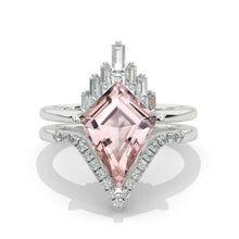 Load image into Gallery viewer, 14K White Gold 4 Carat Kite Genuine Peach Morganite Halo Engagement Ring, Eternity Ring Set
