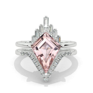 14K White Gold 4 Carat Kite Genuine Peach Morganite Halo Engagement Ring, Eternity Ring Set