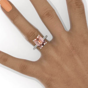 5 Carat Emerald Cut Genuine Peach Morganite Hidden Halo Engagement Ring