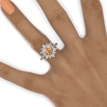 Load image into Gallery viewer, 2 Carat Round Genuine Peach Morganite Snowflake Halo Engagement Ring. Victorian 14K White Gold Ring

