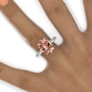 Luxury 3 Carat Oval Genuine Peach Morganite Hidden Halo Gold Engagement Ring