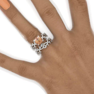 2 Carat Genuine Peach Morganite Twig Floral White Gold Engagement  Ring Set