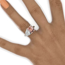 Load image into Gallery viewer, 3 Carat Genuine Peach Morganite Emerald Cut with Pear Cut Paired Moissanite Two-Stone Engagement Ring
